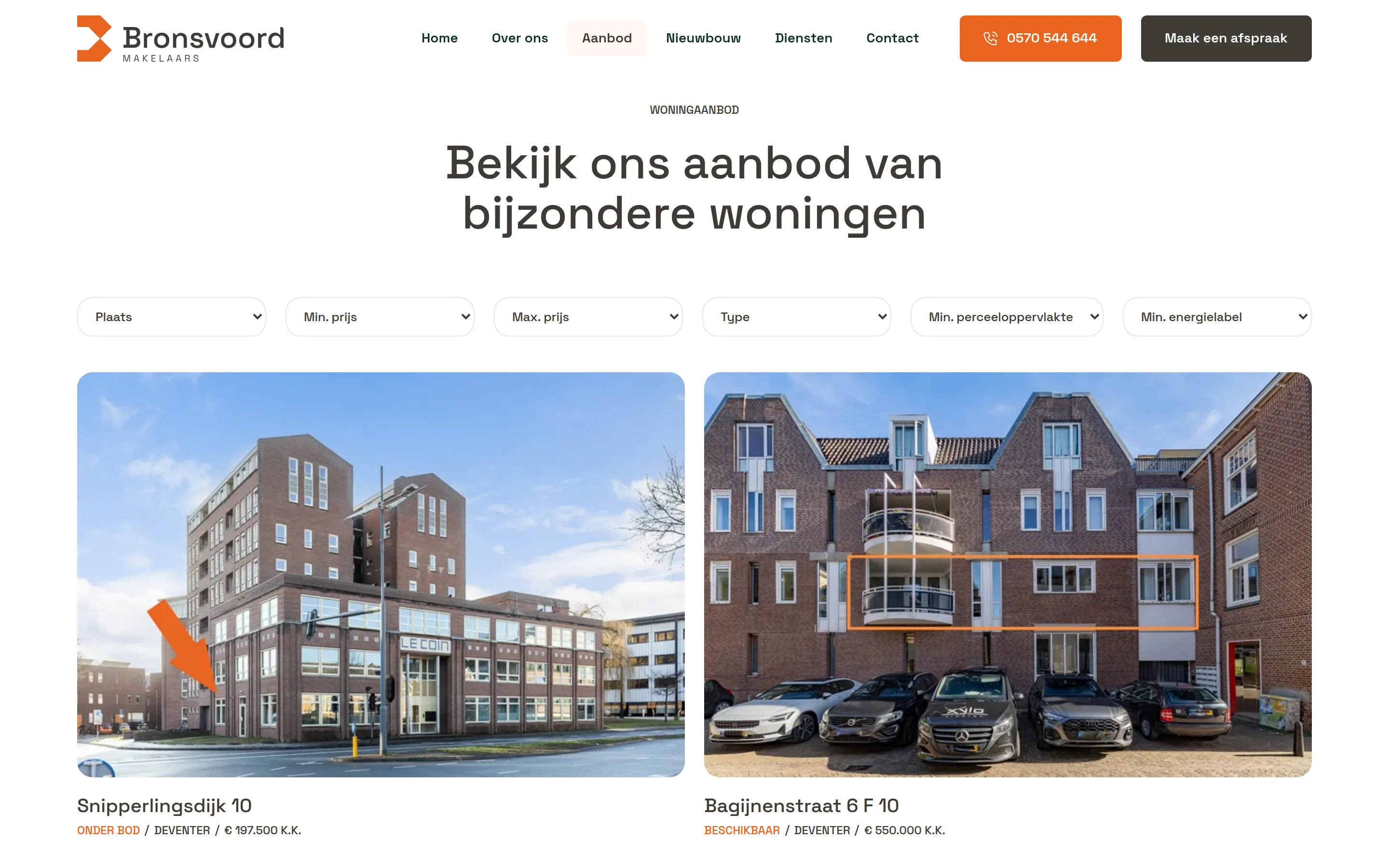 Het aanbod op de website van Bronsvoord Makelaars.